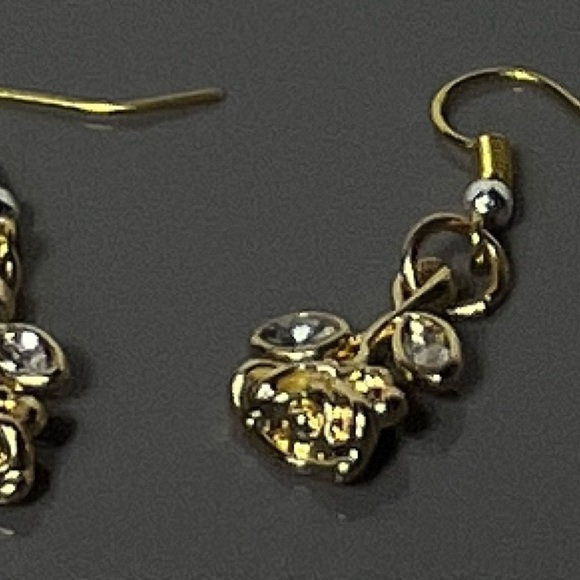 Nickel-Free Handmade Mini Rose Drop Earrings – Gold with Crystal Leaves - Picture 1 of 7